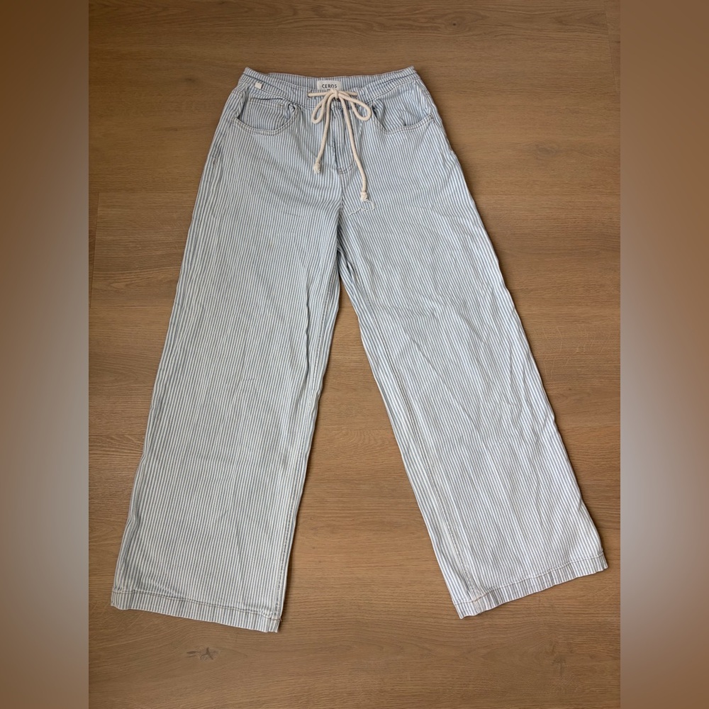 Light Blue Pinstripe Wide Leg Jeans